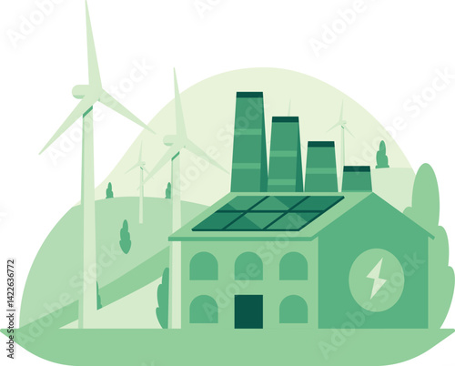 Illustration of Renewable Energy Factory with Wind Turbines