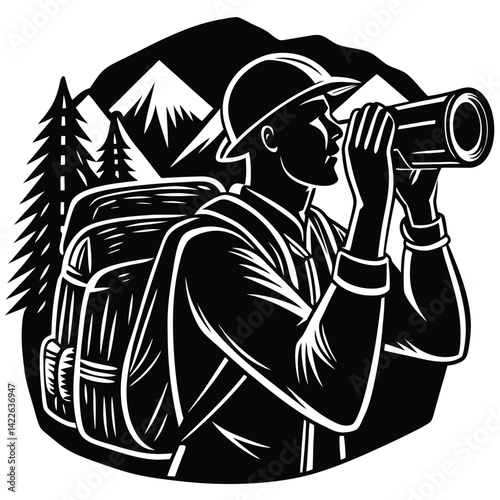 Hiker with Backpack & Binoculars in Mountain Landscape Vector Illustration | Outdoor Adventure, Nature, Exploration Graphic Art