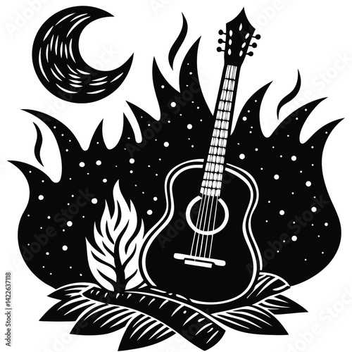 Guitar by Campfire Under Moon Black and White Illustration - Acoustic Music, Night Scene, Graphic Art, Bonfire, Stars