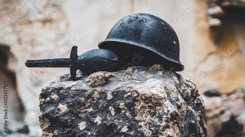 Soldier Helmet Resting on Memorial Stone for Remembrance and Reflection