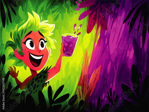 Vibrant Vector Illustration of Happy Smiling Jungle Character Enjoying Refreshing Purple Drink Among Colorful Tropical Leaves Ideal for Children's Fun Adventure Themes