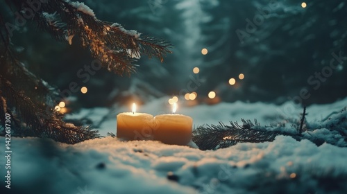 Serene Winter Scene: Two Lit Candles in Fresh Snow Under Evergreen Branches