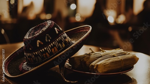 Sombrero Resting on Table Beside Plate of Freshly Made Tamales