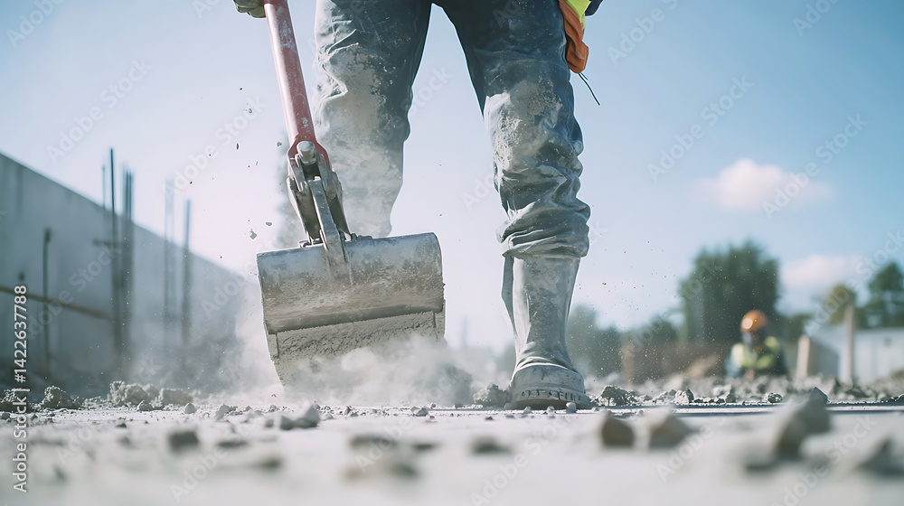 Construction Worker Using a Jackhammer on Concrete