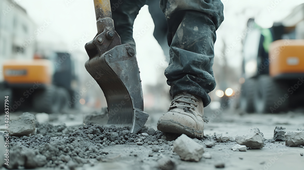 Construction Worker Using Excavator Bucket on Urban Road