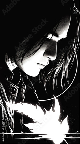 Vector Monochrome Illustration of Mysterious Person with Long Hair and Flame Element Concept in Black and White Artistic Style for Graphic Novel or Comic Book Design