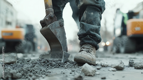 Obraz na płótnie Construction Worker Using Excavator Bucket on Urban Road w salonie