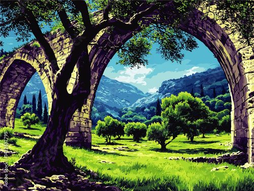 Stunning Scenic Landscape Vector Illustration Featuring Ancient Stone Arches Historical Architecture Verdant Trees Mountains Blue Sky Nature Outdoors Digital Art