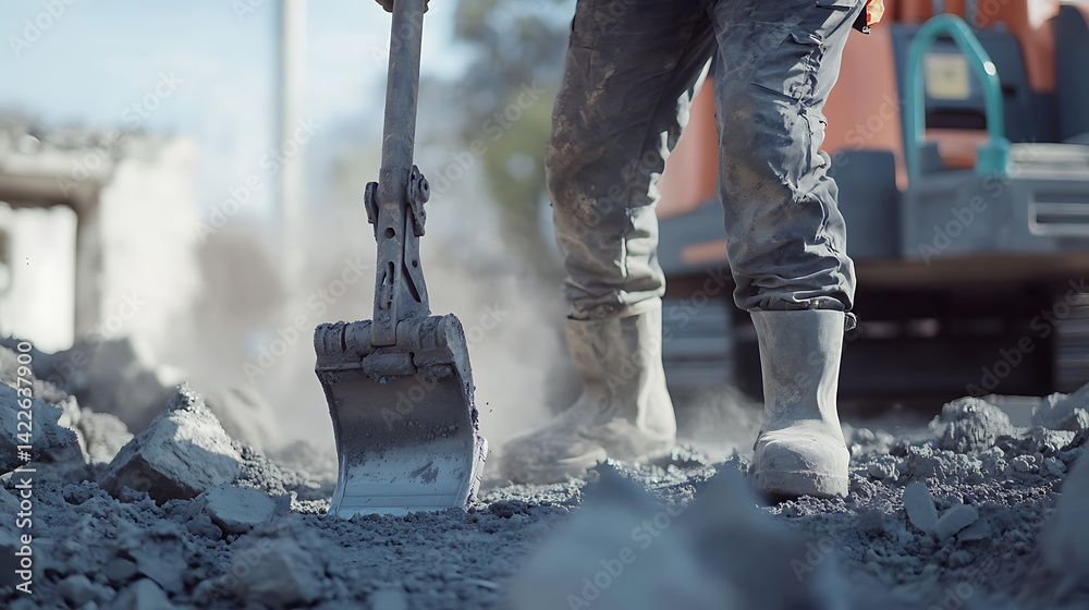 Construction Worker Operating Excavator on Dusty Site
