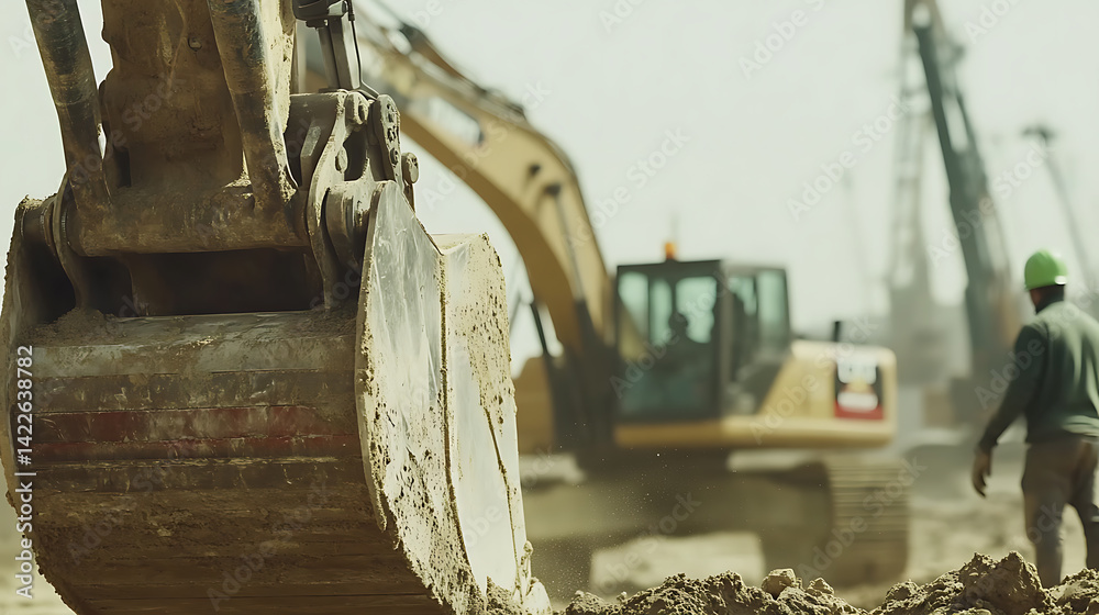 Construction Site with Excavator and Worker