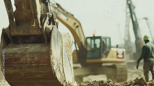 Obraz na płótnie Construction Site with Excavator and Worker w salonie