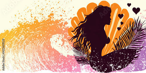 Enchanting Mermaid Silhouette with Ocean Waves Seashell Palm Leaves and Hearts Vector Illustration Colorful Beach Tropical Fantasy Design Ideal for Summer Themes