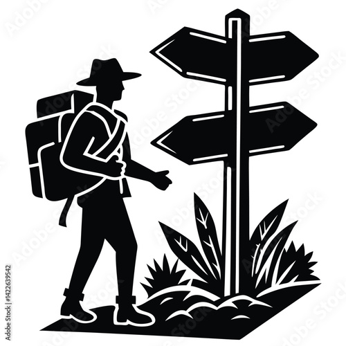 Hiker at Crossroads: Silhouette Illustration of Traveler with Backpack at Signpost, Choosing Direction, Adventure and Exploration Concept