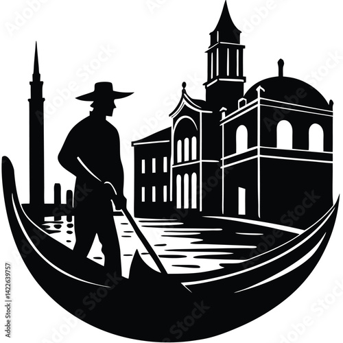 Venice Gondola Silhouette: Italian Canal Scene with Gondolier, Buildings, and Water - Vector Illustration of Venetian Iconography