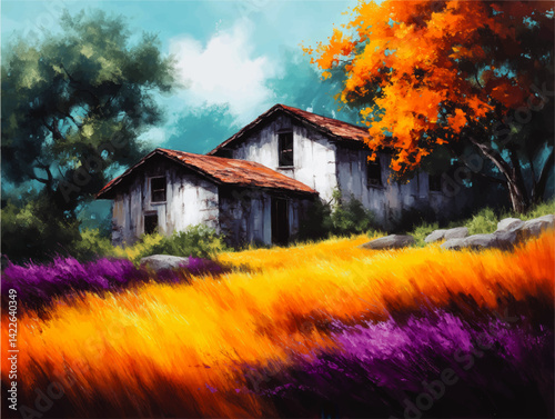 Captivating Vector Illustration of Rustic Cottage Surrounded by Colorful Vibrant Meadow Purple and Golden Flowers with Orange and Green Trees Under Bright Blue Sky