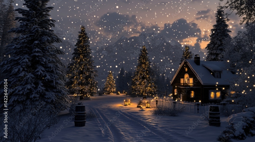 Cozy Cabin in Winter Wonderland Illuminated by Warm Lights and Surrounded by Snowy Christmas Trees Cozy Cabin in Winter Wonderland Illuminated by Warm Lights and Surrounded by Snowy Christmas Trees
