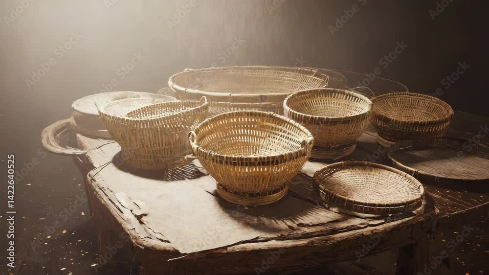 Group of rustic woven wicker baskets displayed on an old wooden table under moody atmospheric lighting, showcasing craftsmanship and texture