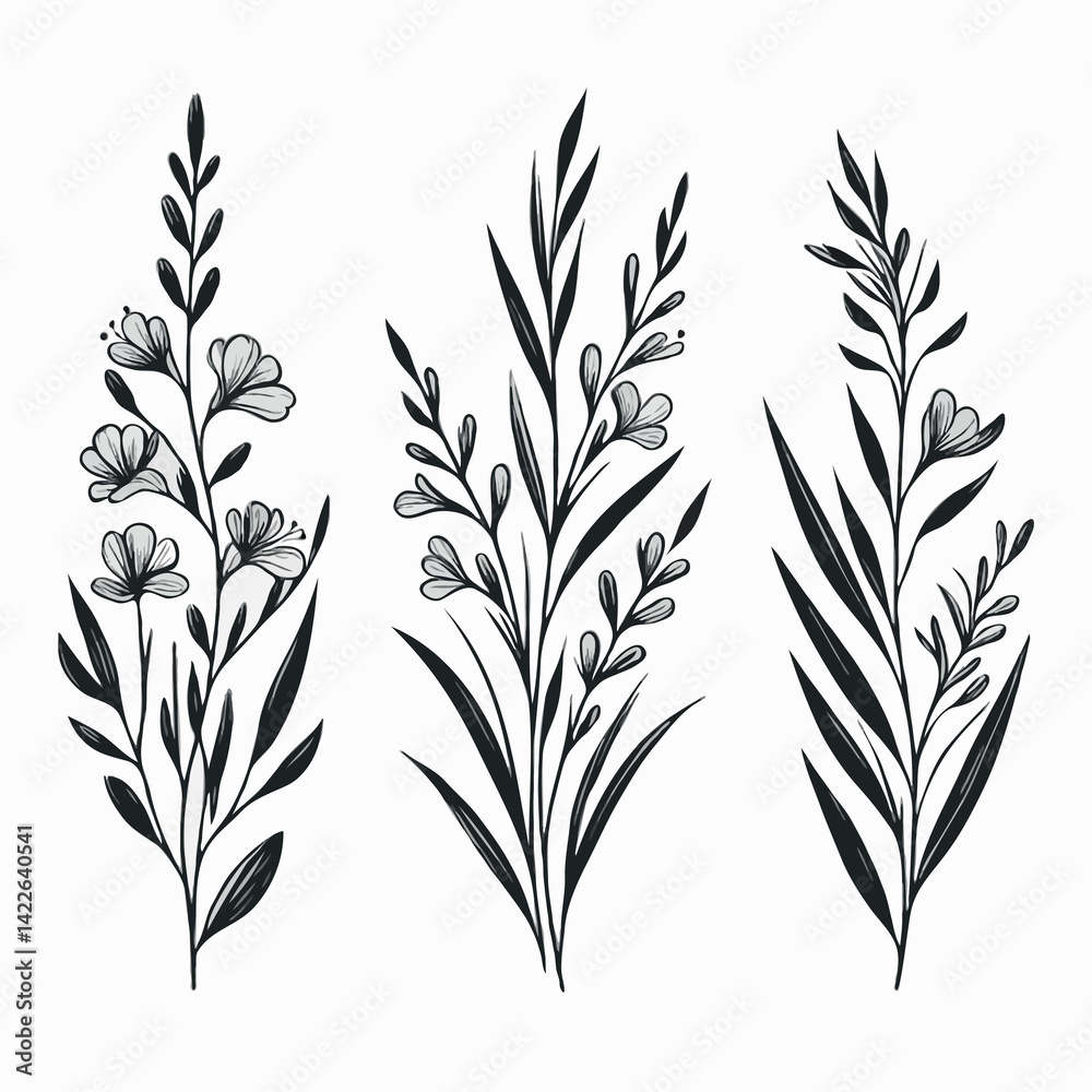 Fototapeta premium Set of outline herbs, Meadow leaves, doodle floral. Hand drawn wild flowers Botanical drawing. Detailed line art Delphinium illustration. Simple Stylized wildflowers. Black and White