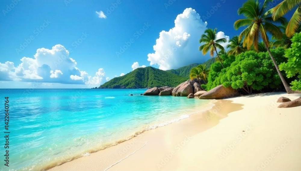 Fototapeta premium Sun-drenched sand, turquoise water, lush island backdrop, blue, hawaii