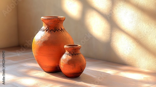 Realistic DIY Clay Pottery Vases in a Natural Light Setting with Shadow Effects for Creative Photography Projects