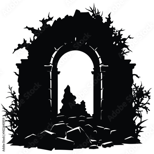 Ruined Archway Silhouette: Ancient Stone Gate with Overgrown Vegetation, Fantasy Landscape, Vector Illustration, Black and White Graphic Art