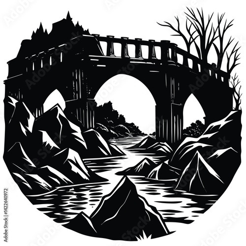 Black and White Illustration of Stone Bridge Over River, Fantasy Landscape Art Print, Gothic Architecture, Dark Fantasy Scenery, River Crossing Art
