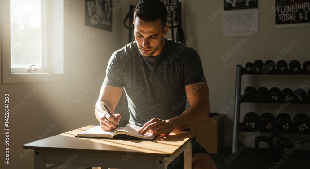 Man working at a wooden desk in a home gym with natural light