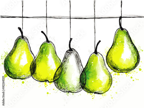 Vibrant Artistic Green Pear Vector Illustration Hanging Pears Sketch Style Graphic Design with Fresh Fruit Elegant Modern Kitchen Decor Concept for Healthy Eating Ideas