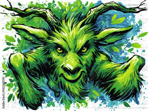 Vector Illustration of Mystical Green Forest Creature with Horns and Leaves Artistic Fantasy Wood Spirit Nature Inspired Design for Mythology Legend Folklore Graphics