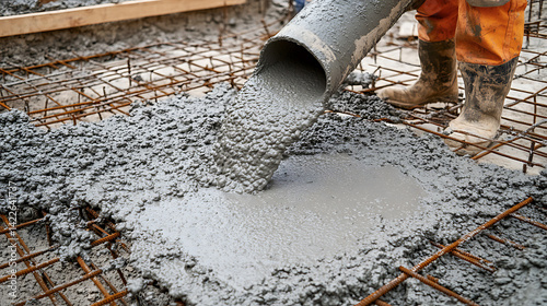 Concrete being poured onto a rebar mesh during construction