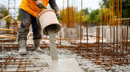 Construction Worker Pouring Concrete on Reinforced Steel