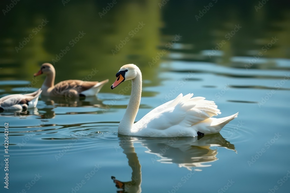 Graceful swan gliding amidst ducks on calm lake, water, beauty, wetlands Graceful swan gliding amidst ducks on calm lake, water, beauty, wetlands