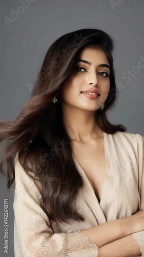 Attractive young woman with long brunette hair poses with neutral expression, fair skin, light fabric dress, and nose ring on plain grey background