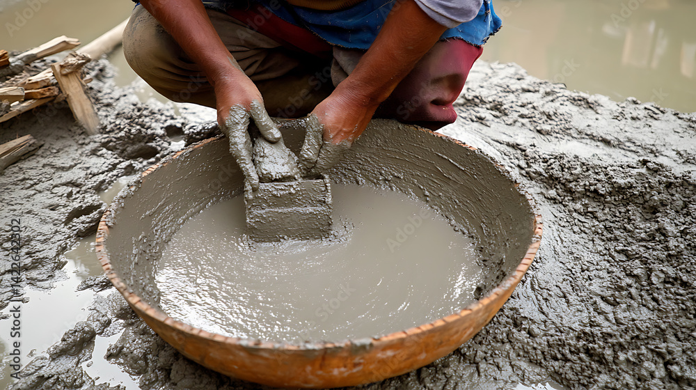 Construction Worker Mixing Cement in a Basin