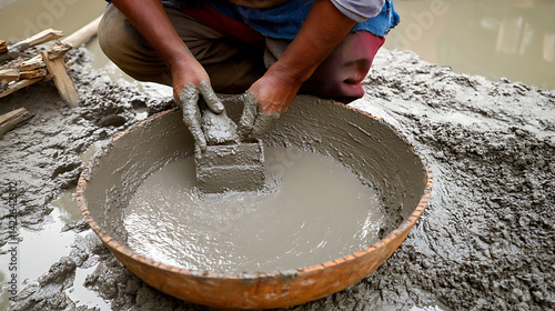 Obraz na płótnie Construction Worker Mixing Cement in a Basin w salonie