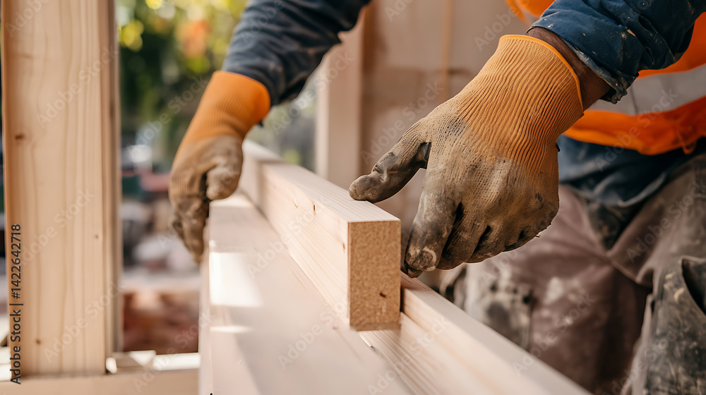 Construction Worker Handling Wooden Beams