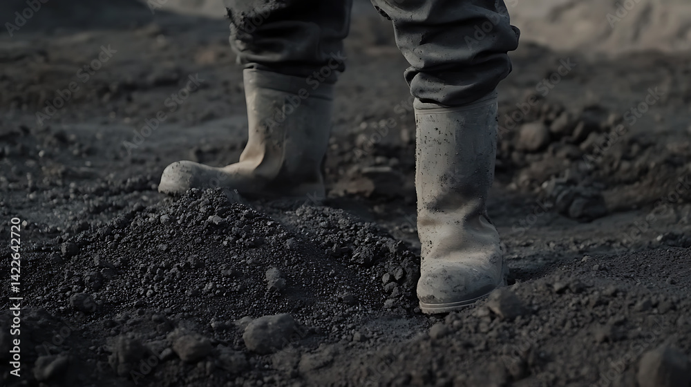 Person in Rubber Boots Standing on Coal Pile