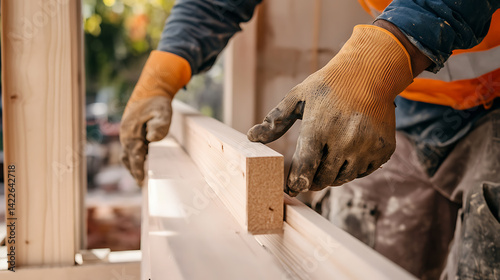 Construction Worker Handling Wooden Beams