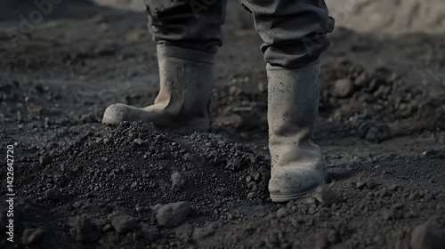 Obraz na płótnie Person in Rubber Boots Standing on Coal Pile w salonie