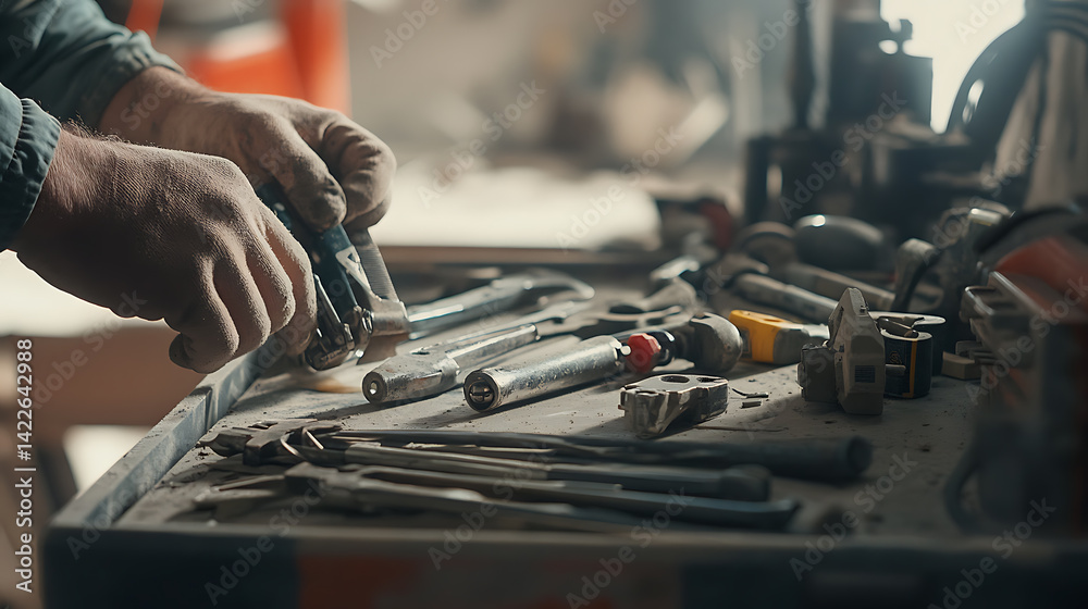 Craftsman Working with Tools on a Workshop Bench