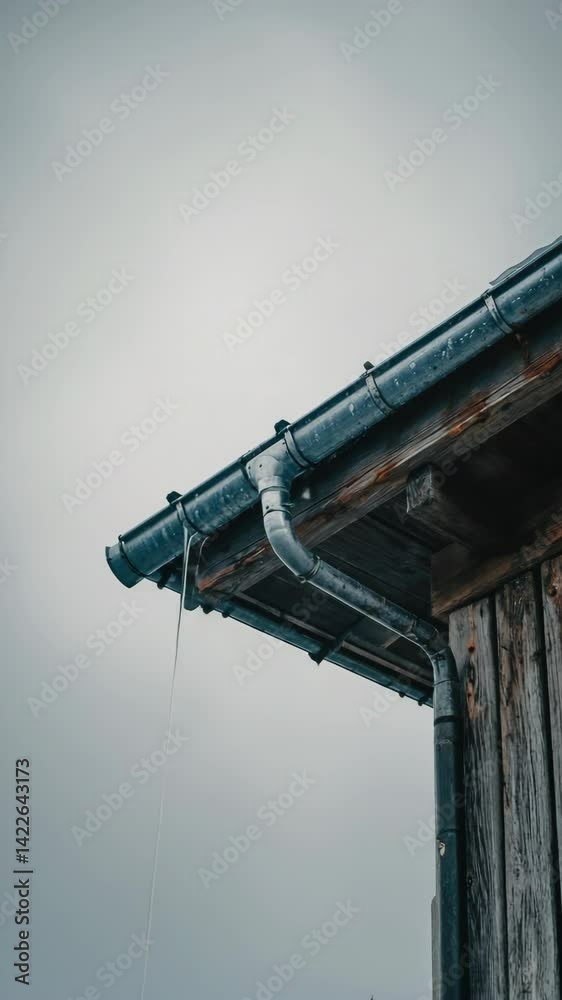 Water trickling down from a dark metal rain gutter system of a rustic wooden building against a cloudy, overcast sky during a rainy day. Water trickling down from a dark metal rain gutter system of a rustic wooden building against a cloudy, overcast sky during a rainy day.