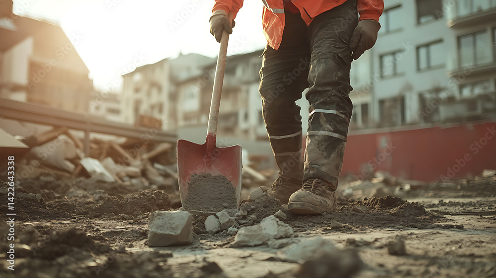 Construction Worker Using Shovel on Site