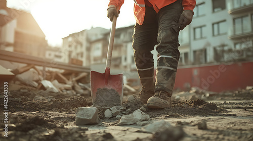 Obraz na płótnie Construction Worker Using Shovel on Site w salonie