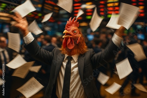 Hilarious Rooster-Headed Businessman Panics on Chaotic Stock Exchange Floor During Market Meltdown