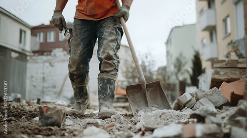 Obraz na płótnie Construction Worker Using Shovel on Demolition Site w salonie