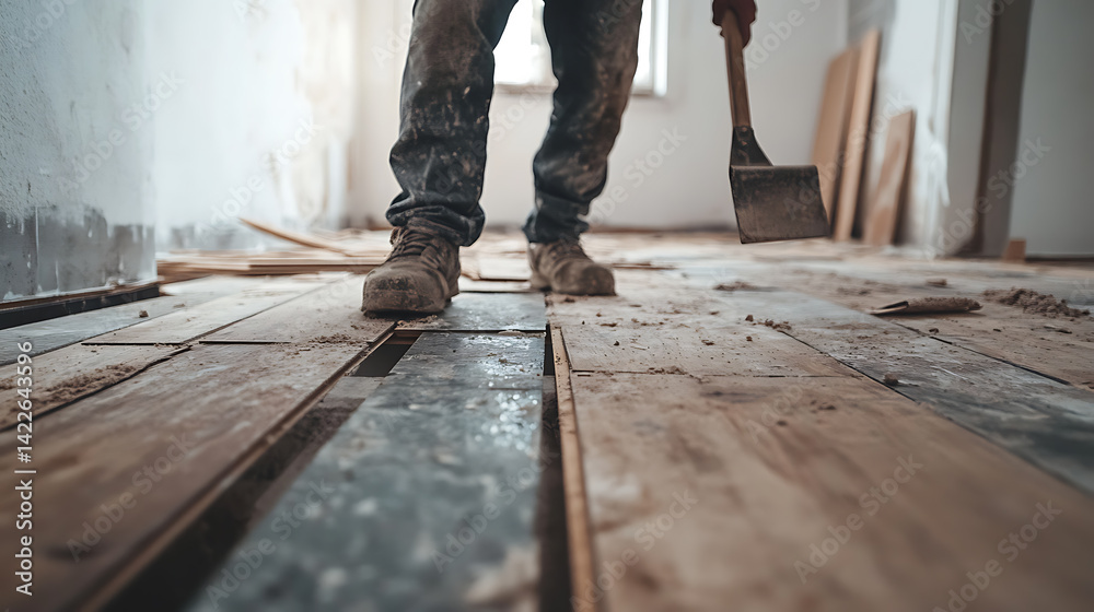 Construction Worker Using a Pry Bar on Old Flooring