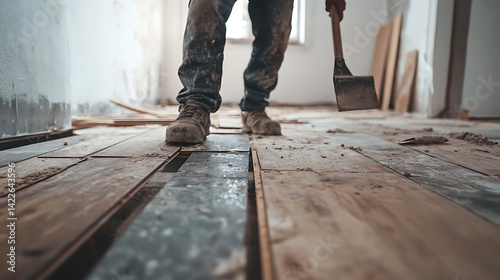 Obraz na płótnie Construction Worker Using a Pry Bar on Old Flooring w salonie