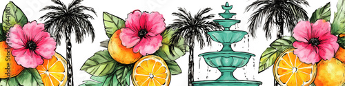 Beautiful tropical vector illustration with bright pink hibiscus flowers, citrus fruits, lush palm trees and elegant turquoise fountain perfect for invitations or decor