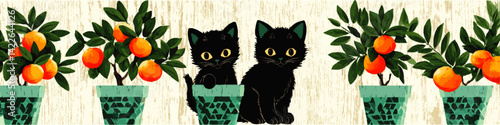 Adorable Vector Illustration Featuring Two Cute Black Kittens Sitting Among Vibrant Green Potted Citrus Fruit Plants Artistic Decorative Home Decor Concept Design