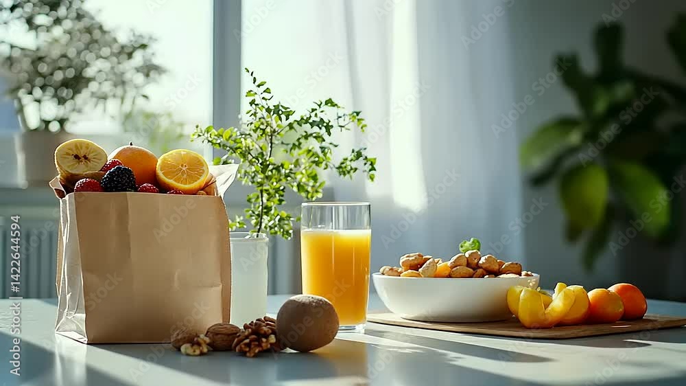 Fresh fruits and nuts in a paper bag with juice and a bowl on a sunny kitchen table